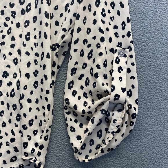 Lush‎ Womens Animal Print Blouse Top Large Cream Black 3/4 Tab Sleeve Popover - Picture 10 of 10